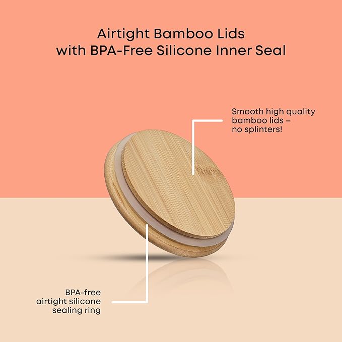 JoyJolt Borosilicate Glass Jars With Bamboo Lids. 6 Pc Set of Air Tight Sealable Containers. Food Jar Canisters with Airtight Lid for Pantry Storage and Kitchen Organization.