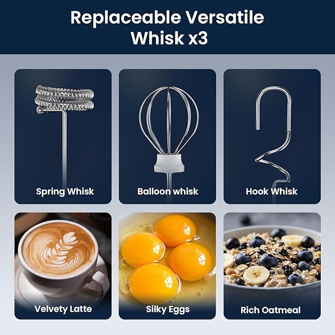 Milk Frother Rechargeable Handheld-Electric Whisk 3 Speed Adjustable, Coffee Frother Wand with 3 Stainless Whisks, Electric Foam Maker, Drink Mixer Blender for Latte Cappuccino Matcha Egg