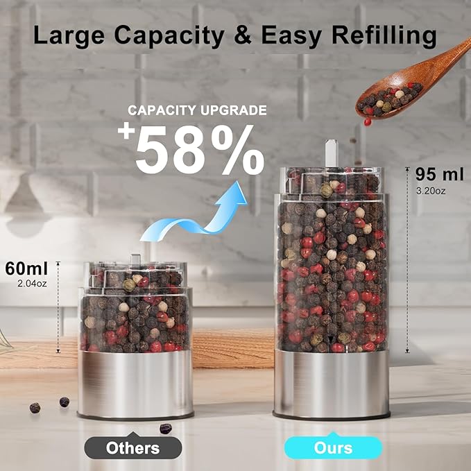 Electric Salt and Pepper Grinder Set, Upgraded 3.2oz (95ml) Large Capacity USB Rechargeable Mill with LED Light & 6 Adjustable Coarseness, Stainless Steel Shaker for Kitchen, BBQ, Gift Giving