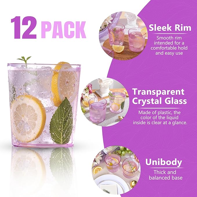 Liacere Plastic Drinking Glasses (Set of 12) 14 oz Purple Plastic Glasses Colors，Kitchen Water Glasses Cup, Bar Tumbler Glassware Set for Beer, Juice, Cocktail, Whiskey, Milk