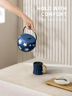 Toptier Teapot with Removable Infuser, Cast Iron Tea Kettle Stovetop Safe, Solid Geometry Ball Design Tea Pot Coated with Enameled Interior for 32 Ounce (950 ml), Navy Flower