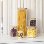 Glass Pasta Storage Jars Square 73oz, 3 Pack Glass Jars With Bamboo Lids, Tall Kitchen Storage Containers For Pasta, Storage For Pantry Organizers