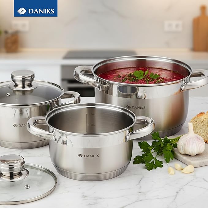 Daniks Standard 6-Piece Stainless Steel Induction Cookware Set, Dishwasher Safe Pots, Measuring Scale, Glass Lids, For Soup, Pasta, Stew, Silver