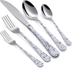 20-Piece White Silverware Set with White Handle 18/0 Stainless Steel Flatware Marbling Handle Cutlery Black Service for 4 Dinner Knives Forks Spoons Set Finish Dishwasher Safe