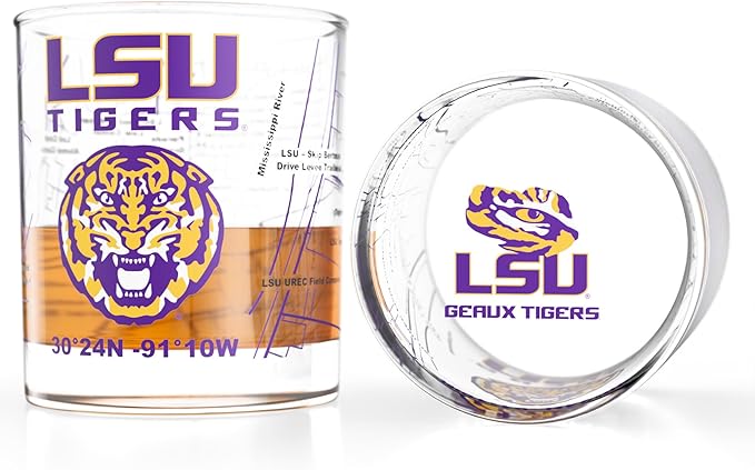 Greenline Goods – University of LSU Tigers College Whiskey Glasses (Set of 2), 10 oz – Full-Color Logo + Campus Map
