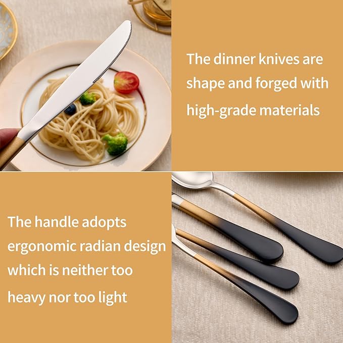 20-Piece Black Gold Silverware Set 18/0 Stainless Steel Silverware Set Black Gold Handle Cutlery Set Service for 4 Dinner Knives Forks Spoons Set Flatware Set Finish Dishwasher Safe