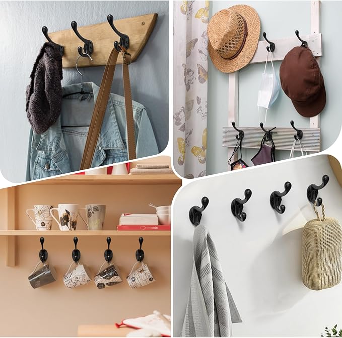 Coat Hooks, 16 Pack Black Metal Heavy Duty Screw-in Wall Hooks for Closet, Backpack, Bag, Clothes - Mounted Door Hooks for Classroom, Cubby Organization