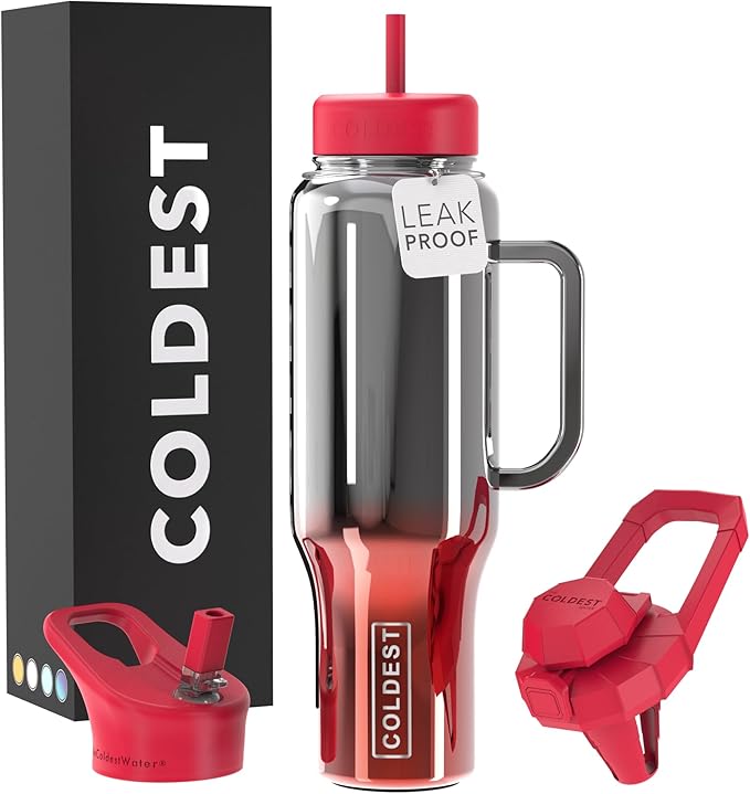 Coldest Tumbler with Handle and Straw - 100% Spill Proof Tumbler with Straw (3 Lids) - Stainless Steel Insulated Leakproof Tumblers for Women & Men - Cup Holder Friendly - 46 oz (Fire Nova)