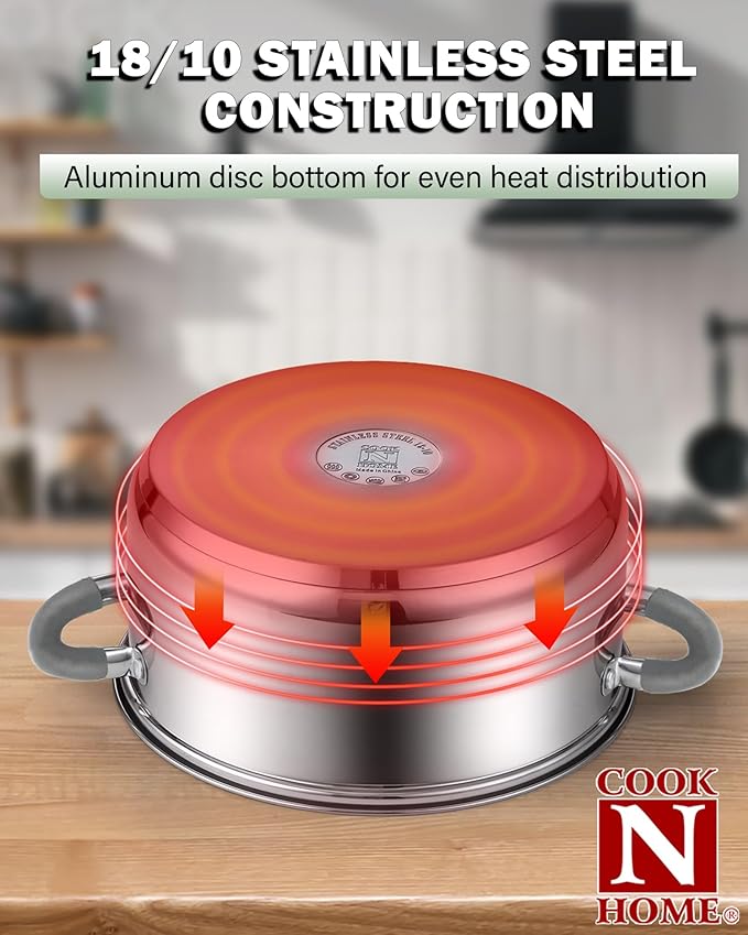 Cook N Home Kitchen Cookware Set, 12-Piece Basics Stainless Steel Pots and Pans Set with Gray Silicone Handle, Silver