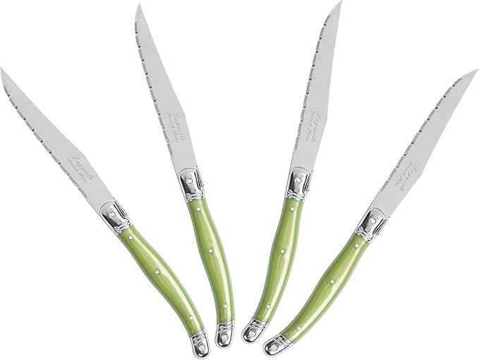French Home Laguiole 4-Piece Steak Knife Set – Sophisticated Stainless Steel Dinner Knives with Spring Grey Handles & Iconic Bee Emblem – Serrated Knives for Smooth Cutting (9.25")