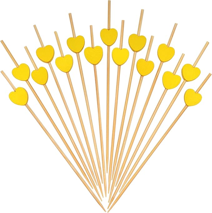 Minisland Yellow Love Heart Cocktail Picks, 4.7 Inch Long Bamboo Fancy Toothpicks for Appetizers, Decorative Mardi Gras Wedding Party Food Drinks Garnish Fruit Kabob Skewer Sticks 100 Counts -MSL441