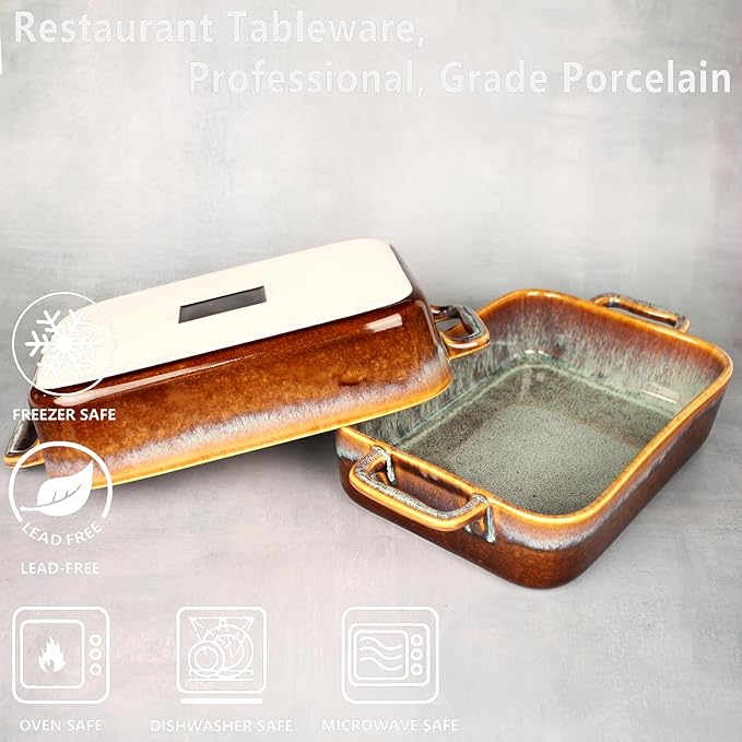 Rectangular 10 x 8 Casserole Dish, 1.9 Qt Ceramic Au gratin Baking Dish with Handles, or for mixing, salad, pasta plate, Best gift for those who love baking, Microwave, Oven safe