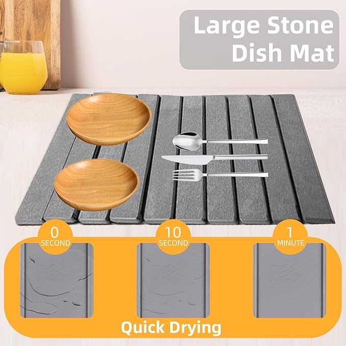 Large Stone Dish Drying Mats for Kitchen Counter, 24"(L)×16"(W), Fast Dry Super Absorbent Collapsible Dish Drying Pad (Light Grey, 24"(L)×16"(W))