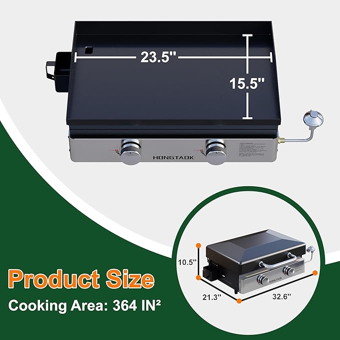 23 Inch Portable Propane Gas Griddle with Non-stick Ceramic Coated Baking Pan and Lid, Outdoor Tabletop 2 Burners Propane Grill for Camping, Barbecue, Tailgating, Cooking