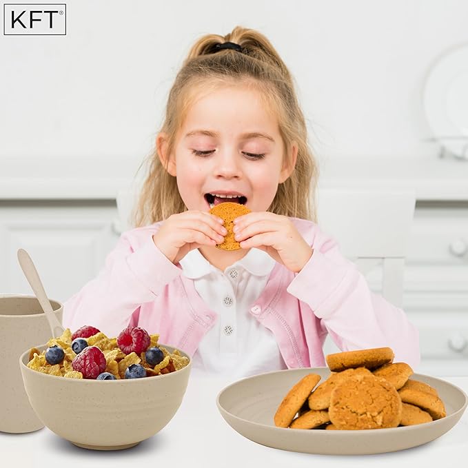 Wheat Straw Dinnerware Sets for 4 - KFT Lightweight & Unbreakable Dishes Microwave & Dishwasher Safe Perfect for Camping, Picnic, RV, Dorm Plates, Cups and Bowls