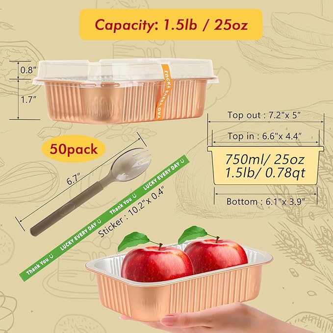 LNYZQUS 50 Pack 7” x 5” Small Aluminum Pans with Lids, 1.5lb Heavy Duty Foil Baking Tins To Go Containers,Individual Leftover Containers Baked Food Holders Boxes for Oven Grill-Champagne