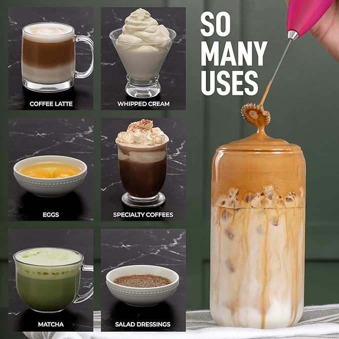 Zulay Kitchen Powerful Milk Frother Wand - Ultra Fast Handheld Drink Mixer - Electric Whisk Foam Maker for Coffee, Lattes, Cappuccino, Frappe, Matcha & Coffee Creamer - Hot Pink & Gold