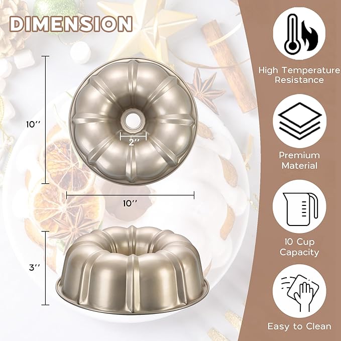 Onader 2 Pack Gold Cake Pan, Nonstick 10 Inch Round Fluted Tube Pans for Baking Pound Cakes, 10 Cups Large Heavy Duty Carbon Steel Baking Mold