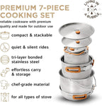 Living in a Bubble Premium 7-Piece Stainless Steel Cooking Set. Tri-Layer Bonded Stainless-Steel - Ergonomic Handles with Silicone Sleeve - Compact & Stackable