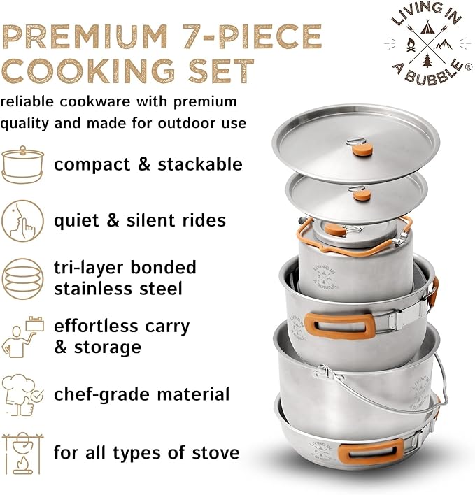 Living in a Bubble Premium 7-Piece Stainless Steel Cooking Set. Tri-Layer Bonded Stainless-Steel - Ergonomic Handles with Silicone Sleeve - Compact & Stackable