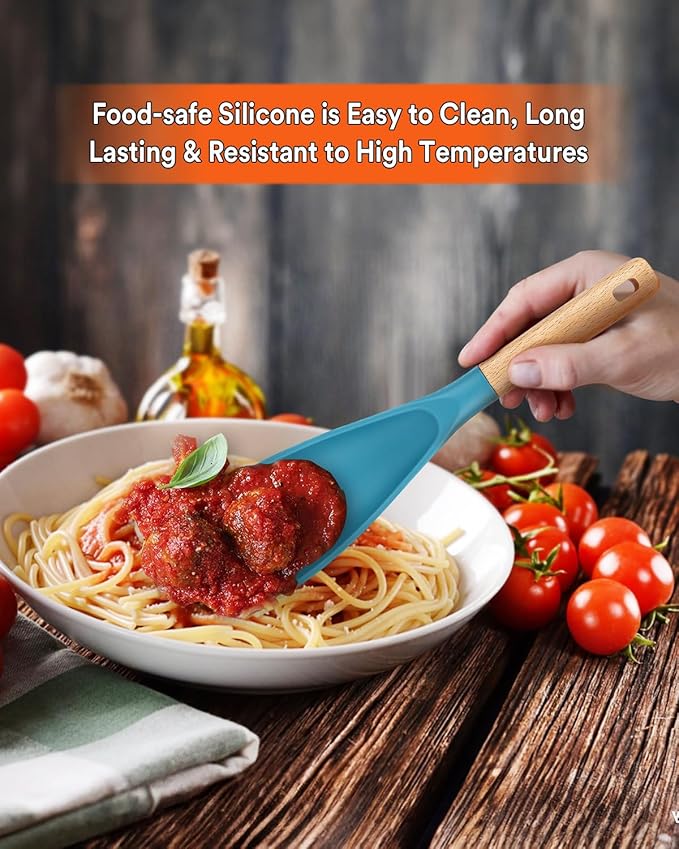 Cooking Spoon for Nonstick Cookwares, Great for Cooking and Serving Sturdy BPA-Free Matte Silicone, Wood Handle Spoon for Mixing, Scoop, and Scrape (TURQ)