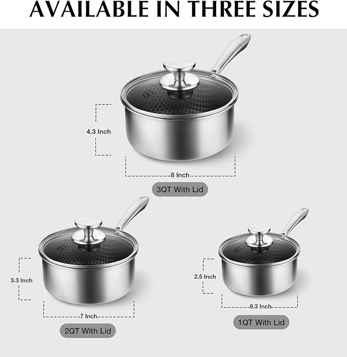 KOCH SYSTEME CS Hybrid Nonstick Stainless Steel Saucepan Set, 6-Piece Triply Stainless Steel Saucepan Set with Hybrid Honeycomb Interior, 1QT & 2QT & 3QT Sauce Pans, Induction Ready, Steel Pot Set