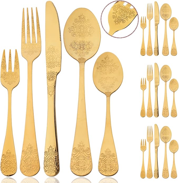 JASHII 20-piece Silverware Flatware Set Vintage Carved Floral Pattern Eating Utensils Stainless Steel Knife Fork Spoon Set Mirror Polished Dishwasher Safe - Gold