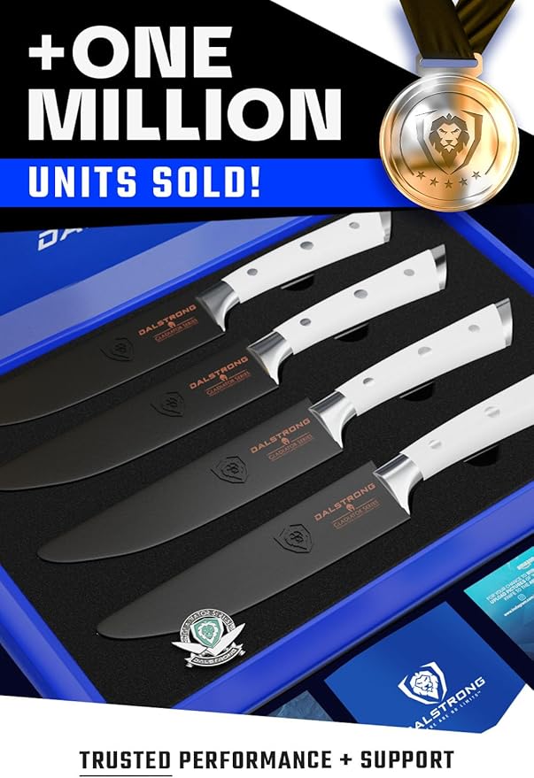 Dalstrong Steak Knife Set-4-5 Straight Blade Edge-Gladiator Series-Forged German High-Carbon Steel-w/Sheaths-Glacial White ABS Handle-Dinner Set Kitchen Knives