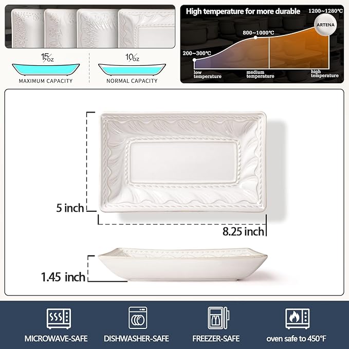 Artena Ceramic 8.25 Inch Rectangle Salad Plates Set of 4 - Deep Plates for Appetizer, Dessert, Dinner, Sushi, Snack, Pasta, Serving - Microwave Safe with Embossed Rim Design (Willow Leaf)