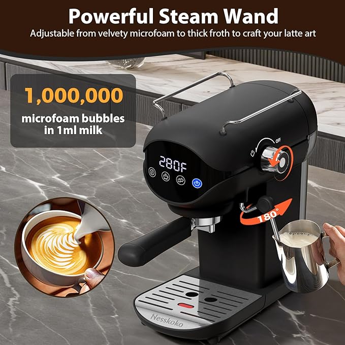 Espresso Machine with Steam Milk Frother Semi Automatic 20 Bar Compact Black with Touch Screen for home Cafetera Espresso, Latte, Cappuccino, Americano, Macchiato