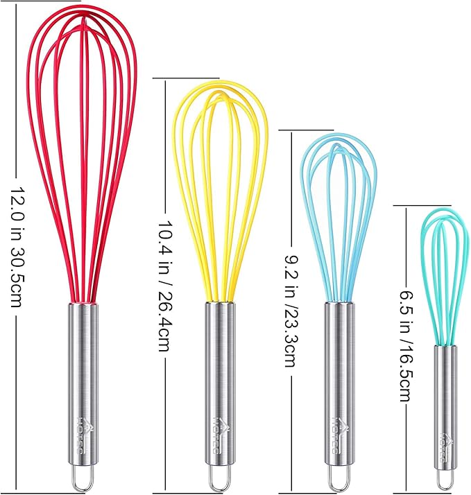 HOTEC 4 Pieces Silicone Whisks Set, Wire Balloon Whisks for cooking Egg Beater, Non-slip Handle Whisk for Non-stick Cookware Perfect for Cooking, Stirring, Beating and Blending (Multicolor)