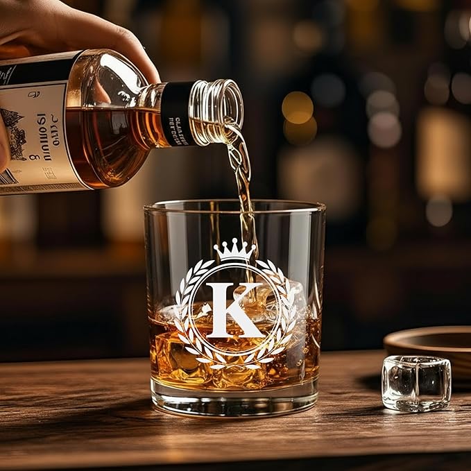 Whiskey Glasses - Rocks Old Fashioned Glass Gifts for Men, Monogrammed A-Z 10oz Personalized Whisky Glasses, Christmas Birthday Gifts for Men Him Dad Father Husband Brother Son (K)