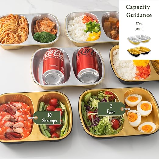 Aluminum Foil Pans of Divided Compartment with Snap-On Lids (5 Pack) | 2X Thicker Heavy Duty Reusable Container 27oz for Take-Out (Black)