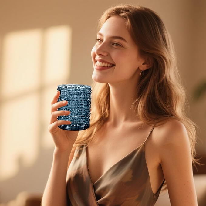 18PCS Hobnail Plastic Drinking Glasses - 14Oz Beaded Glasses Drinkware Set Disposable - Blue Vintage Plastic Bubble Glassware for Beer, Juice, Cocktail, Whiskey, Milk and Various Mixed Drinks