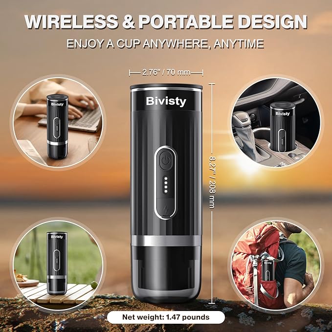 Portable Espresso Maker for Travel, Camping Coffee Machine, Electric Self-Heating With USB-C, Ground Coffee Compatible with Nespresso & Dolce Gusto for RV, Outdoor, Office (black)