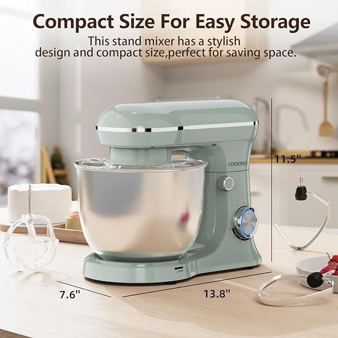 Electric Stand Mixer,10 Speeds Tilt-Head Food Mixer, 3-IN-1 Kitchen Mixer for Daily Cooks with 6 QT Bowl,Dough Hook, Beater, Whisk (Morandi Green)