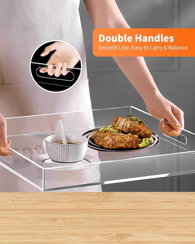 Acrylic Serving Tray Set of 3-16x12 & 7.7x11.4 Inch Clear Luxury Trays for Kitchen, Dining, Bathroom Organizer - Non-Slip, Scratch-Resistant, Spill-Proof Design - Ideal Gift for Housewarming, Parties