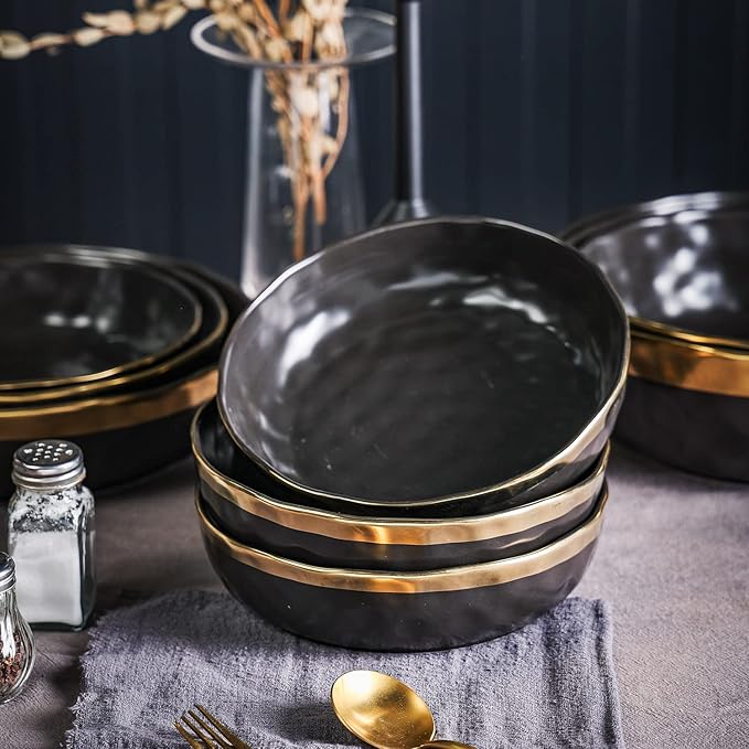 Stone Lain Florian 4-Piece Round Pasta Bowl Set, Black with Gold Rim