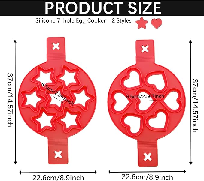 7-Cavity Pancake Maker Mold,Nonstick Silicone Egg Mold Ring with Handle for Star Heart Shape Pancake, Fried Egg, Burger - Reusable Breakfast Cooking Baking Tools for Kids（Red）