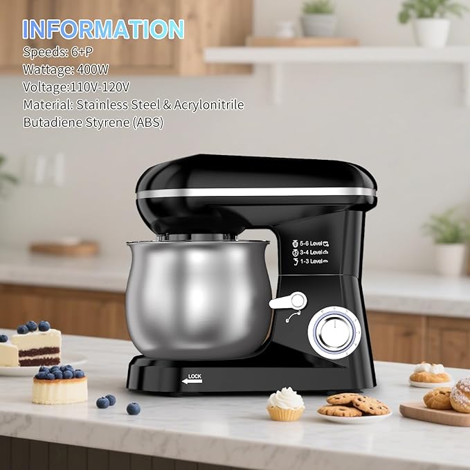 6-Speed Electric Stand Mixer with 5.3 Quart Stainless Steel Bowl, Kitchen Mixer Tilt-Head Design – Includes Dough Hook, Whisk & Beater-Great for Baking Bread, Cakes, Cookies