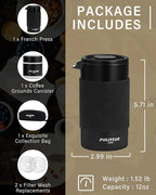 POLIVIAR French Press Coffee Maker, 12 oz Portable French Press with Mini Canister and Collection Bag, Double Wall Insulation & Dual- Filter Screen, Food Grade Stainless Steel for Coffee