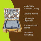 Nature Gear Picnic Basket, Wicker Basket with Handle for Outdoors, Insulated Woven Basket, Includes a Service Kit of Dinnerware & Wine Glasses, Picnic Basket Set for 4, Blue & White