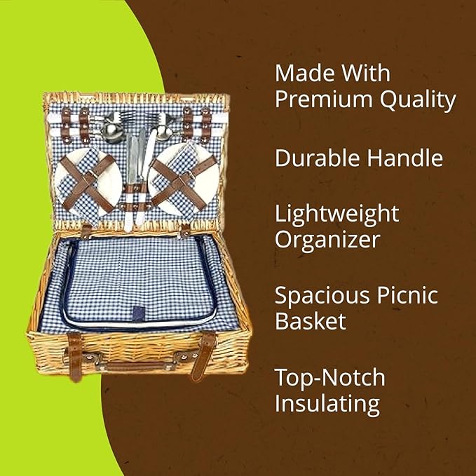 Nature Gear Picnic Basket, Wicker Basket with Handle for Outdoors, Insulated Woven Basket, Includes a Service Kit of Dinnerware & Wine Glasses, Picnic Basket Set for 4, Blue & White