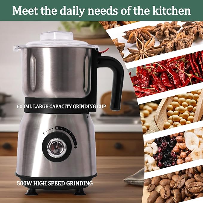 Electric Grinder for Kitchen - 500W Grain Mill with 3 Stainless Steel Blades, Versatile Spice Grinder for Coffee, Grinding Spices, Bean, Grains, Nuts (Black)