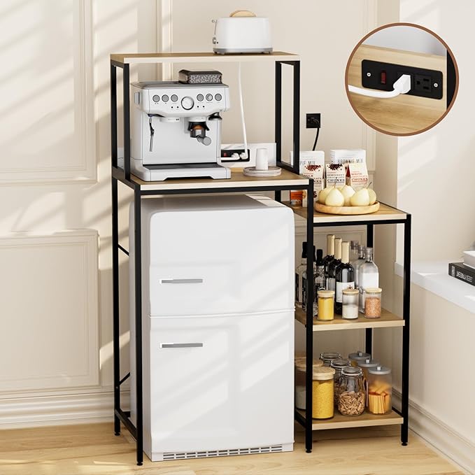 Mini Fridge and Microwave Stand Over Refrigerator Storage Shelf with Power Outlet, 5 Tiers Adjustable Bakers Rack Cabinet Coffee Bar Appliance Organizer for Dorm Office,Natural