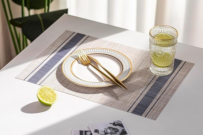 LEXMORE PlaceMats Set of 12 Vinyl/Plastic Woven Place Mats for Kitchen Table Indoor/Outdoor Washable PlaceMat Wipeable Dining Table Mats(Blue Skyline)