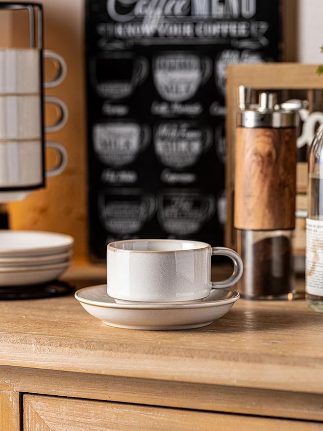 Gomakren 6 Ounce Cappuccino Cups with Saucers and Metal Stand, Stackable Coffee Cup Set of 4, Halloween Porcelain Espresso Cups for Coffee Drinks, Cappuccino, Latte, Americano, Tea, White