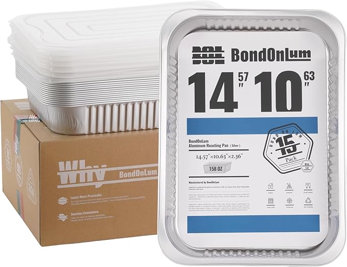 Aluminum Foil Pan with Lids, Heavy Duty Disposable Aluminum Baking Pans, 14.57"×10.63" Steam Table Pans for Cooking, Heating, Storing, Prepping Roasting and Chafing (15 Pack Silver w/Lids)