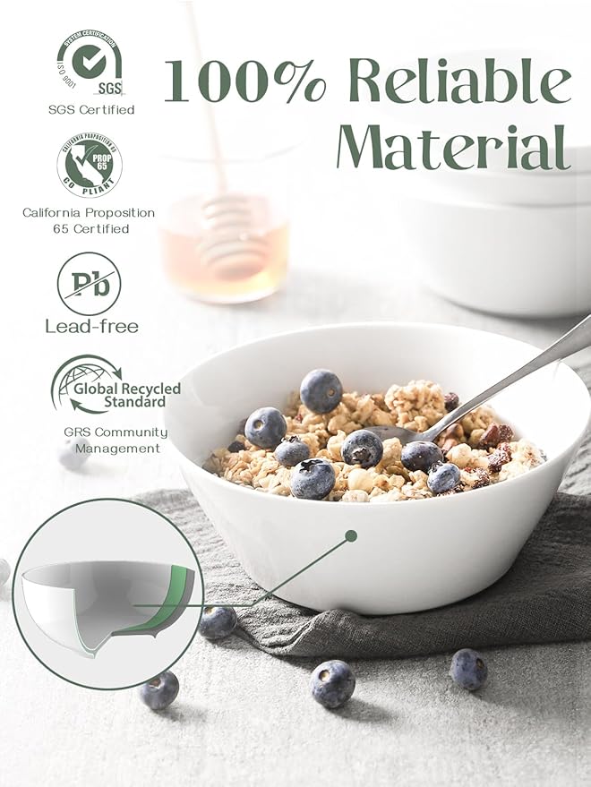 DOWAN 32 OZ Large Soup Bowls Set of 4 - White Ceramic Bowls for Ramen, Cereal, Pasta, Salad, Fruit - Dishwasher & Microwave Safe