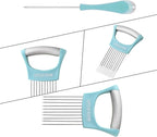 Onion Slicer Cutter, Little Cook Stainless Steel Onion Holder for Slicing and Storage of Onions, Avocados, tomato, Eggs, Dishwasher Safe, Protective Cover Included (Stylish Peapock blue)